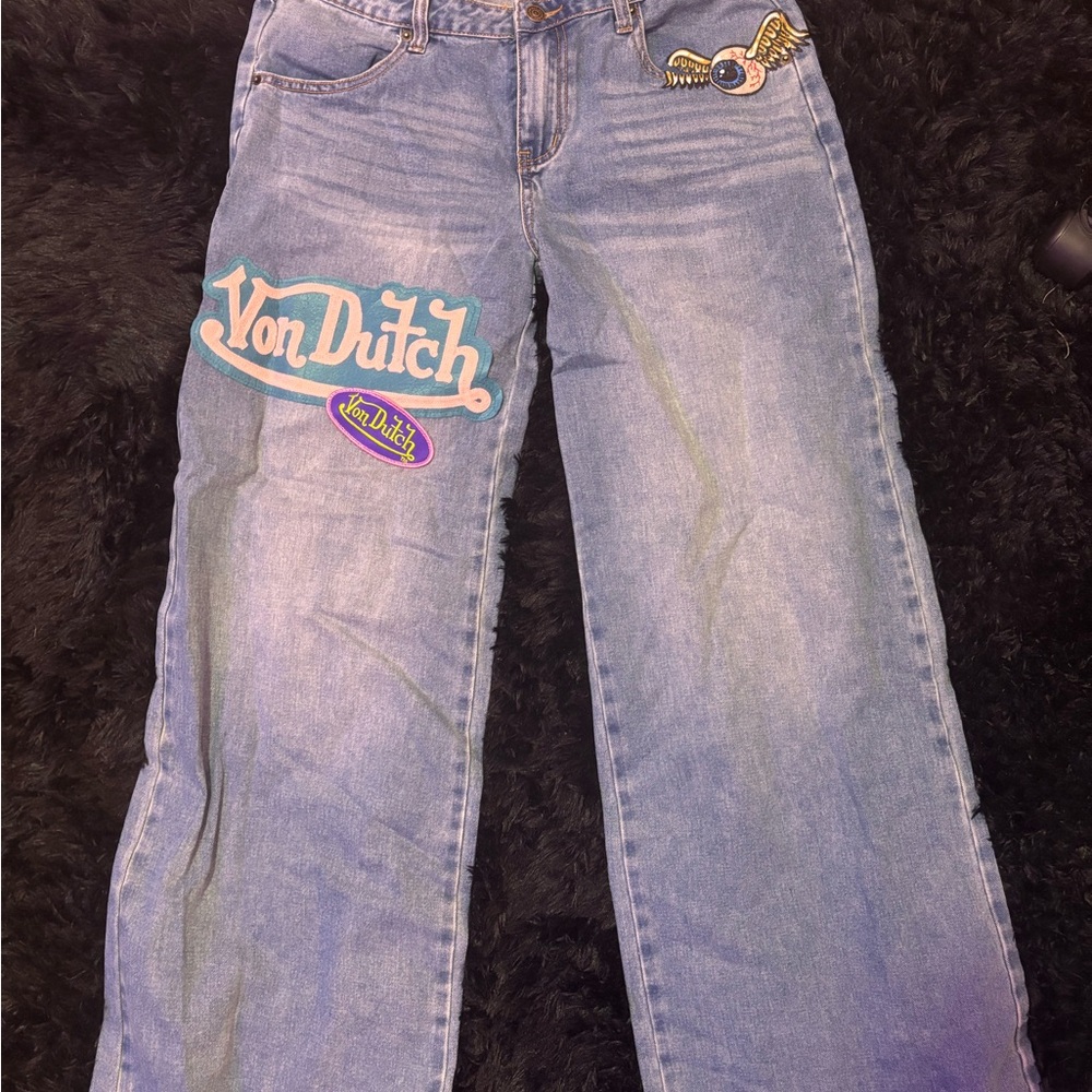 Von Dutch Light Blue Flare Jeans with Logo Patch